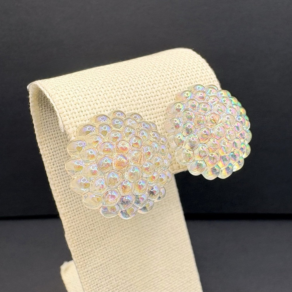 Vintage Avon Summer Berries Clear Iridescent Acrylic Dome Clip On Earrings 80s